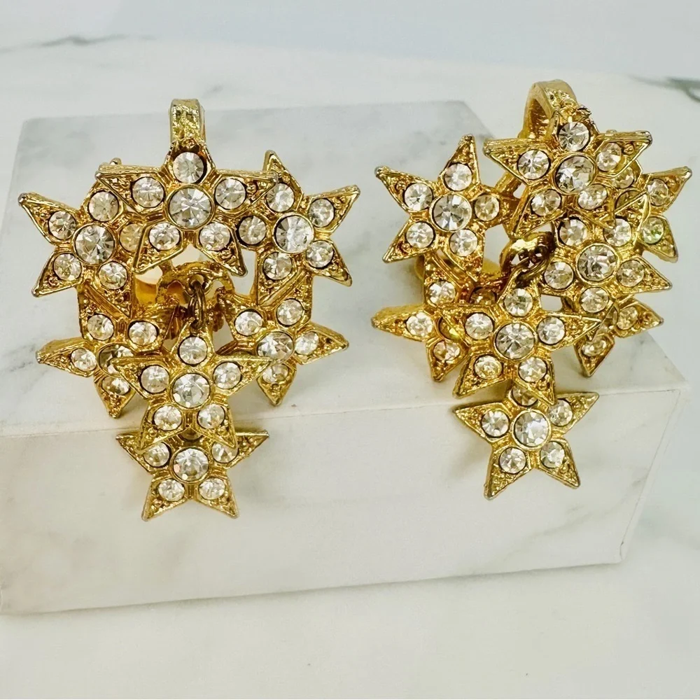 Vintage 80s Star Cluster Earrings Clip On Crystal Disco Glam Articulated Dangle